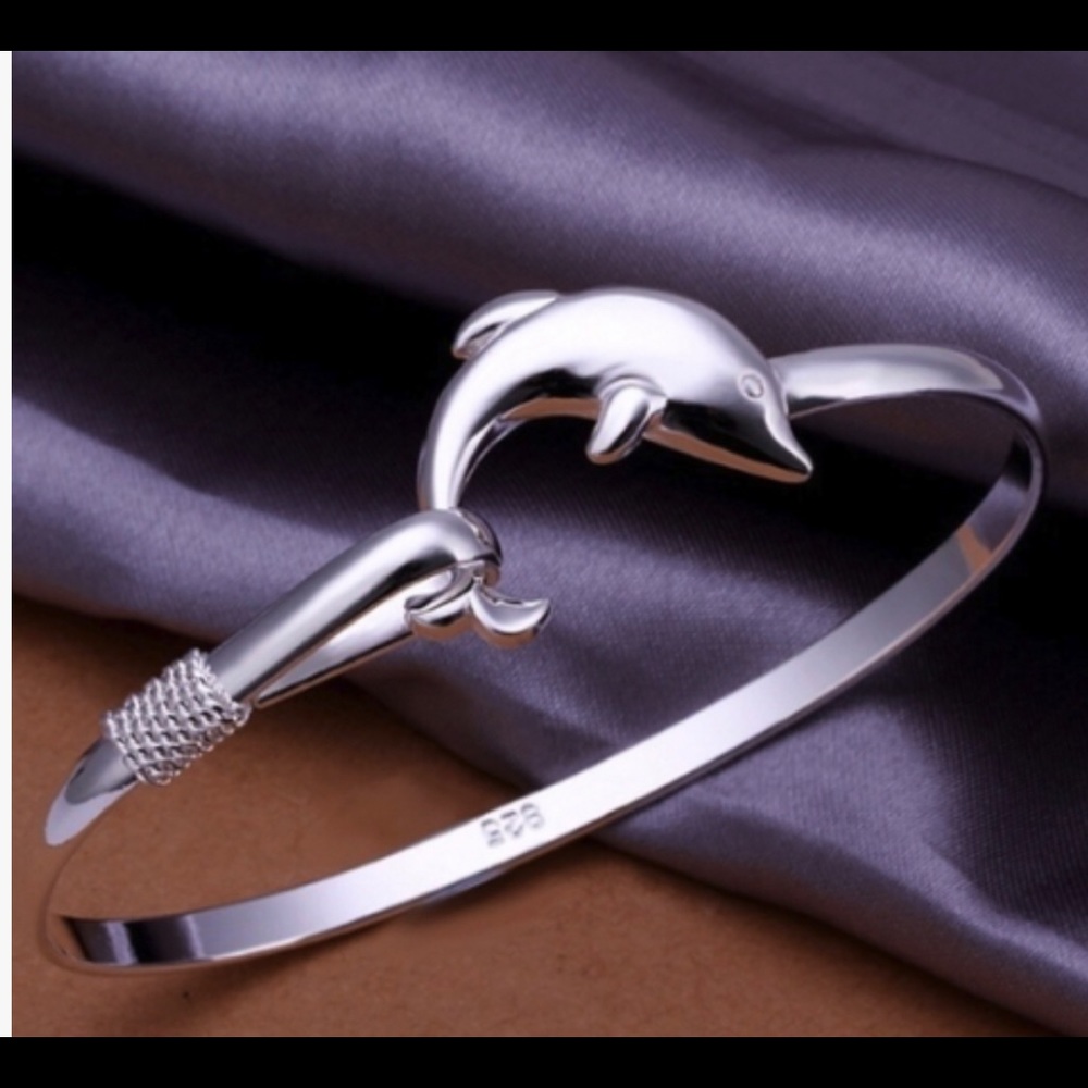 Solid Silver Dolphin Clasp Bangle Bracelet - image 1